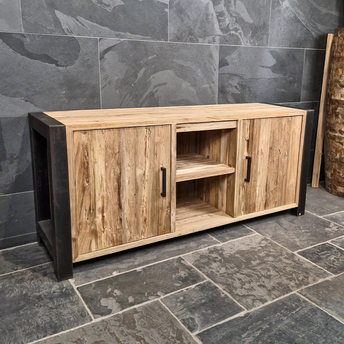 Bad-Unterschrank aus recyceltem Teakholz, 180x55x80 cm, Metal Look Modell 3, für stilvolle Badgestaltung