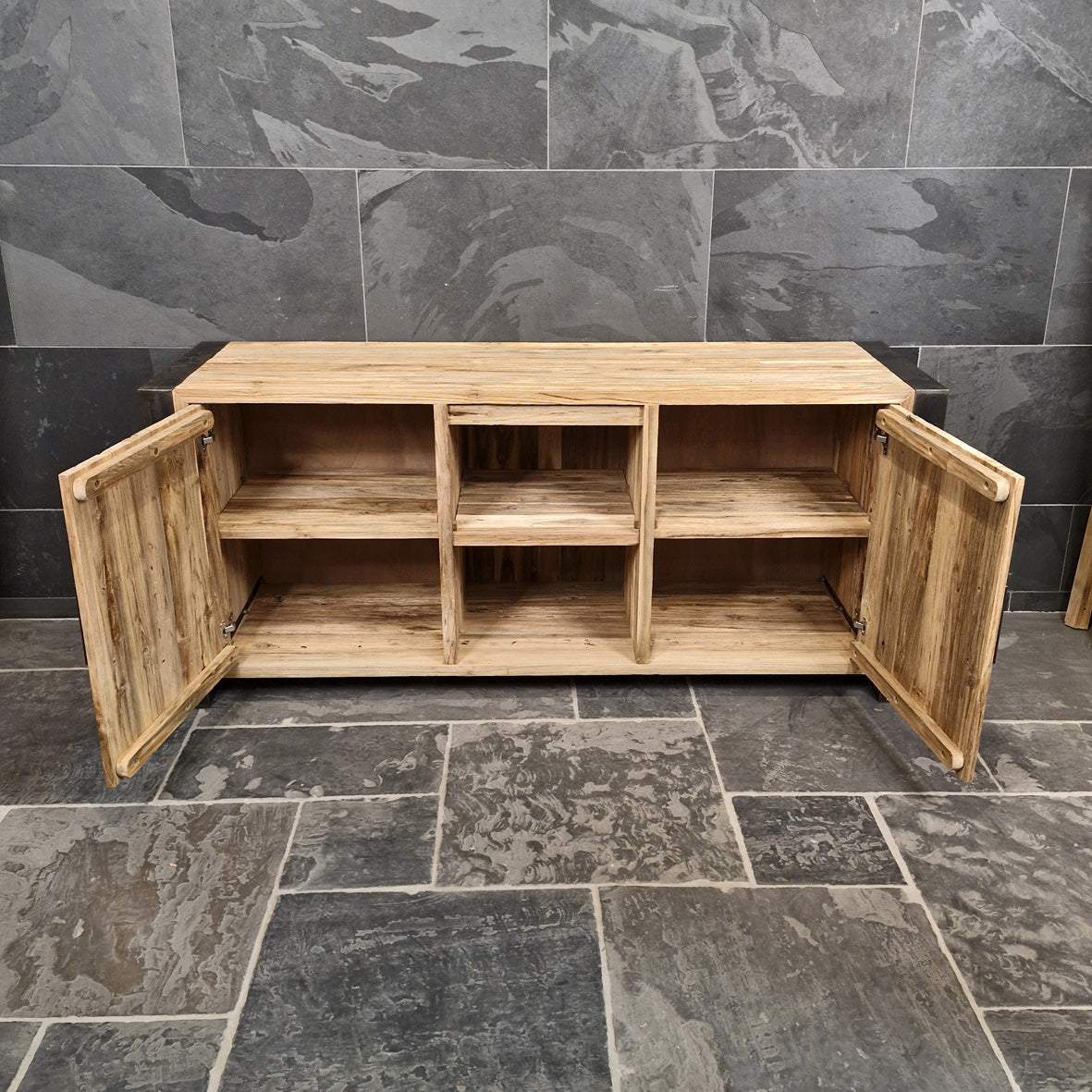 Unterschrank für Bad aus recyceltem Teakholz, 180x55x80 cm, Metal Look Badgestaltung, Modell 3, stilvoller Badmöbel.