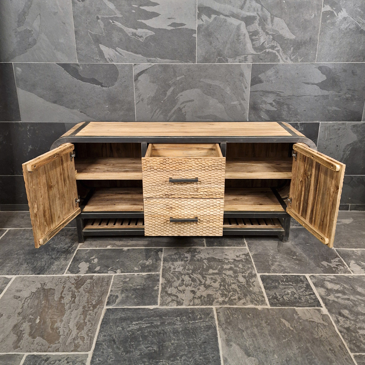 Badezimmer-Unterschrank im Retro-Stil aus recyceltem Teakholz, Metall Look, Badgestaltung, Modell 6, 180x55x82 cm