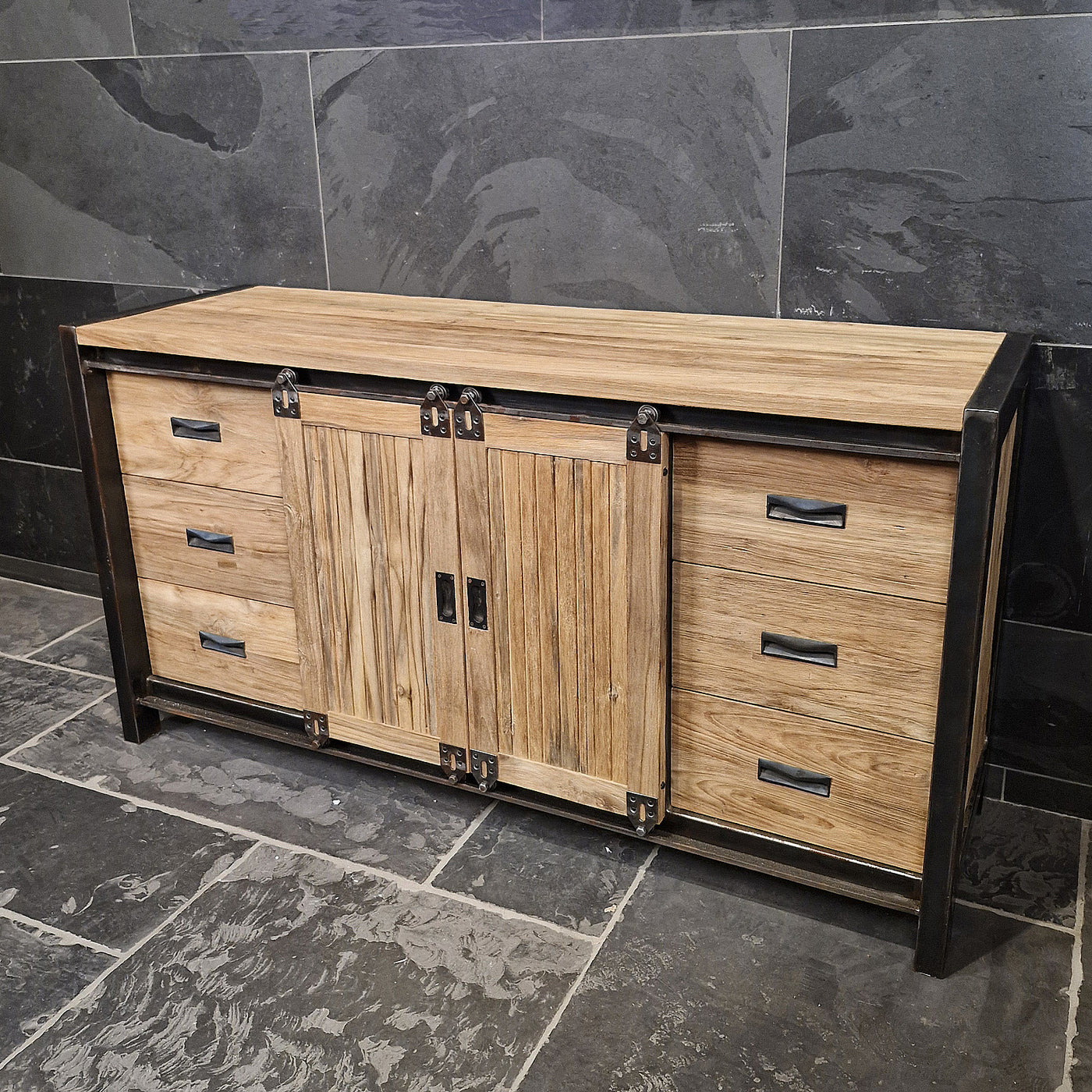 Unterschrank mit Schiebetüren aus recyceltem Teakholz, Motana Badgestaltung, 160x52x80cm, glatte Oberfläche
