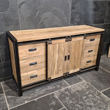 Unterschrank mit Schiebetüren aus recyceltem Teakholz, MOTANA Badgestaltung, glatt, 160x52x80cm, modernes Badezimmermöbel