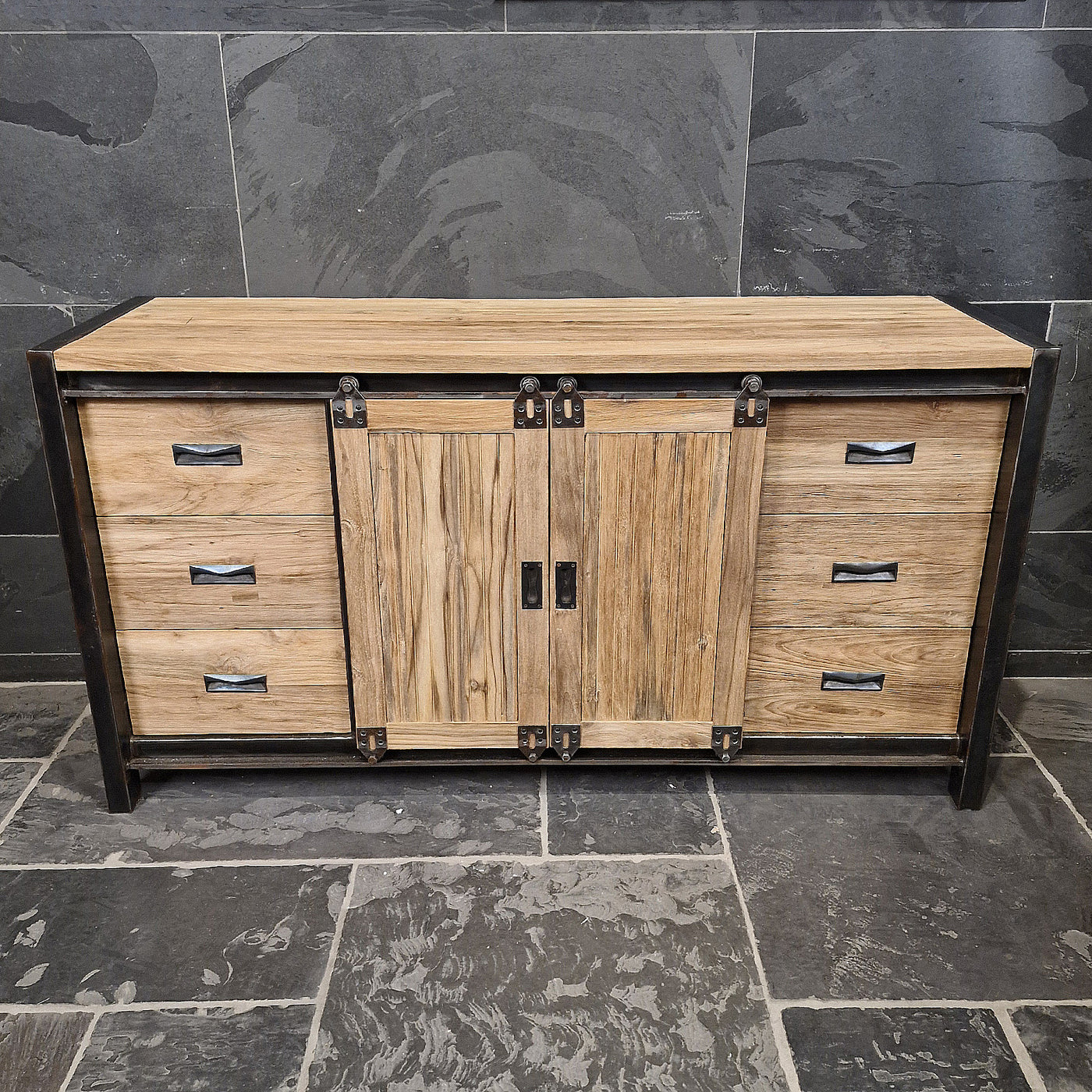 Unterschrank mit Schiebetüren aus recyceltem Teakholz, Motana Badgestaltung, glatt, 160x52x80cm, modernes Badezimmermöbel