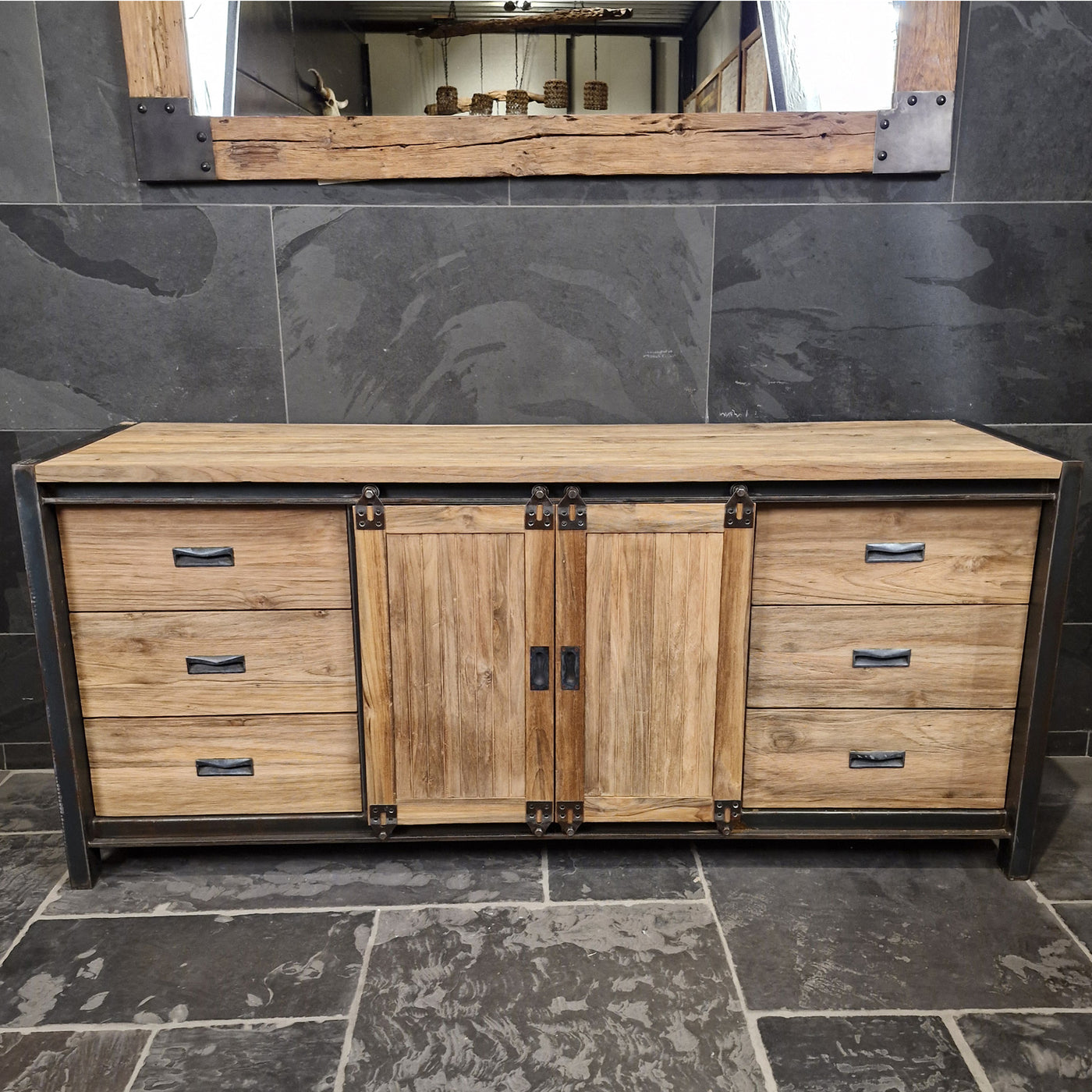 Unterschrank mit Schiebetüren aus recyceltem Teakholz, MOTANA Badgestaltung, glatt, 180x52x80cm, modernes Badezimmermöbel