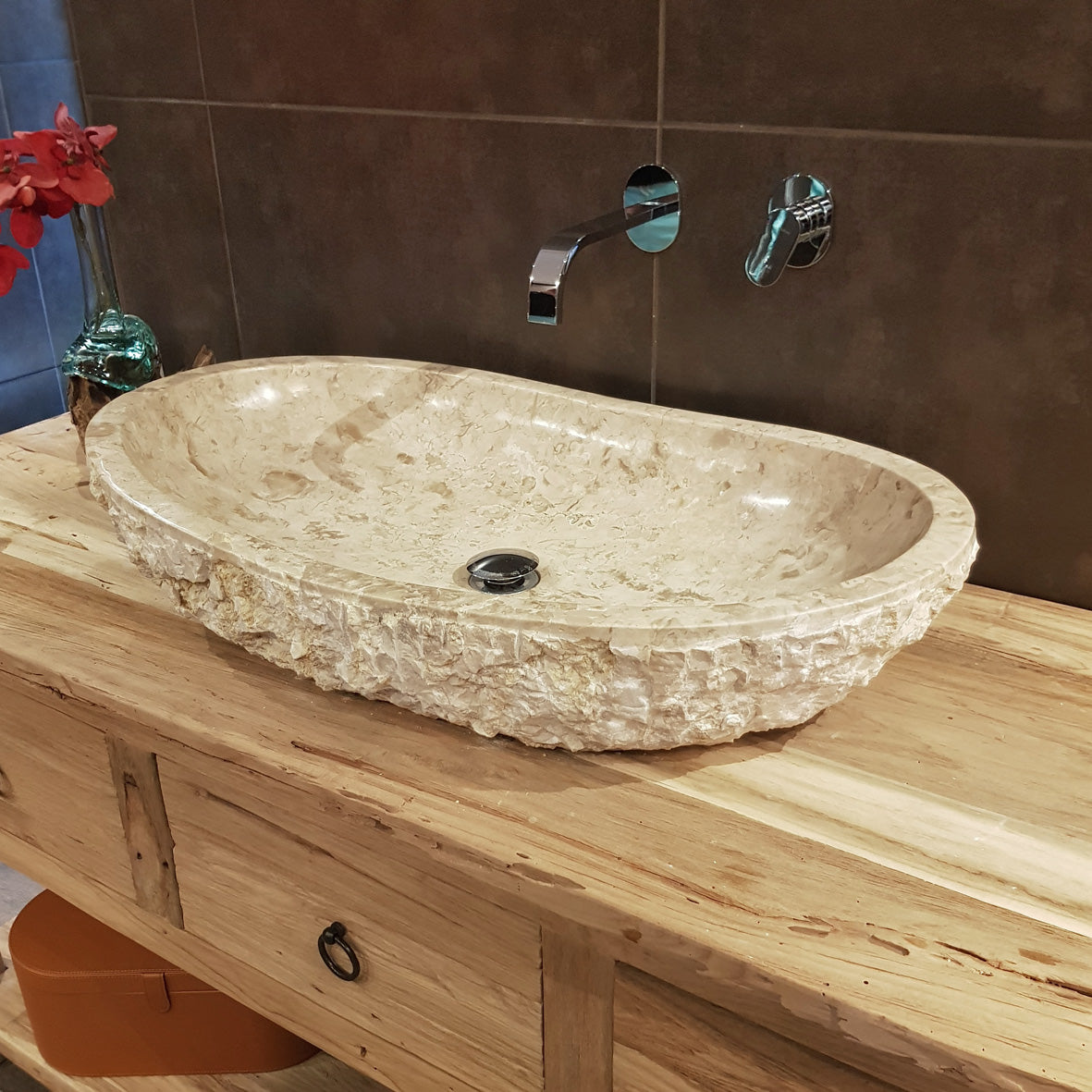Aufsatzwaschbecken | Marmor Beige grob | Naturstein | 60-80 cm x 45