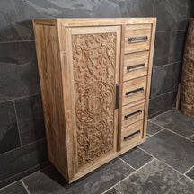 Hochschrank von PELEMSEWU mit Carving-Tür für Badgestaltung, Maße 100x40x140cm, elegante Badmöbel in Holzoptik