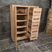 Hochschrank für Badgestaltung von PELEMSEWU, recycelt und nachhaltig, mit 100x40x140cm Maße, aus umweltfreundlichen Materialien.