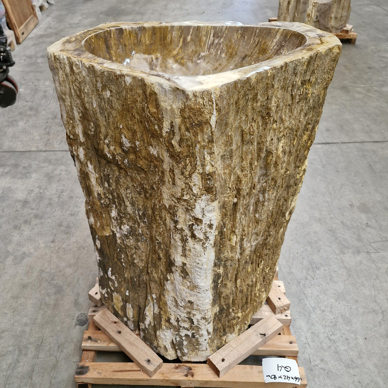 Standwaschbecken aus versteinertem Holz von Zakynthos, Badgestaltung, Maße 66x42x90 cm, Unteranschluss, fossiliertes Holz.
