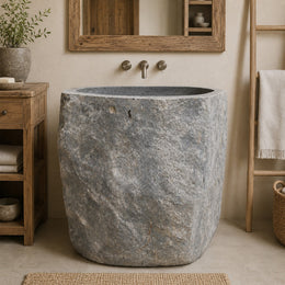 Standwaschbecken aus Flussstein, 80x67x90 cm, in Badgestaltung mit natürlichem Design, von Rhodos.