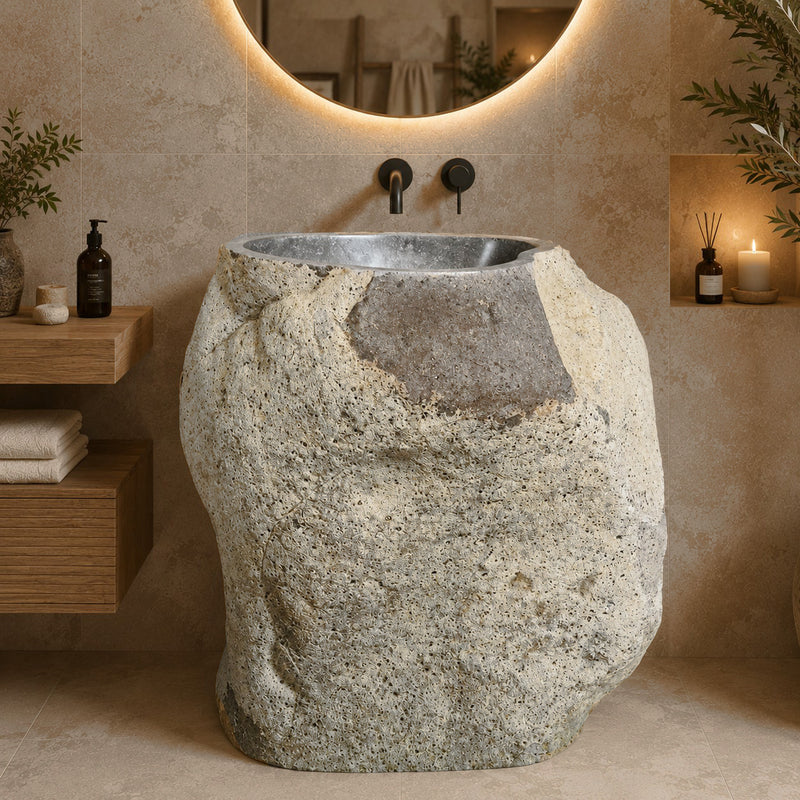 Standwaschbecken aus Flussstein, Rhodos Badgestaltung, 82x57x91 cm, naturbelassenes Design, stimmungsvoller Badbereich