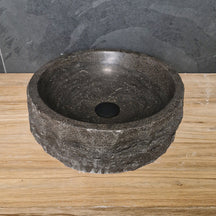 Runder Aufsatzwaschbecken aus grobem Blaustein, Naturstein, für Badgestaltung, 40 cm Durchmesser, von ROME.