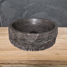 Naturstein Aufsatzwaschbecken von ROME aus Blaustein, rund, 40cm, für stilvolle Badgestaltung mit grober Oberfläche.