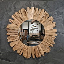 Runder Badspiegel aus recyceltem Teakholz, Durchmesser 90 cm, für Badezimmergestaltung, von Baumstumpf