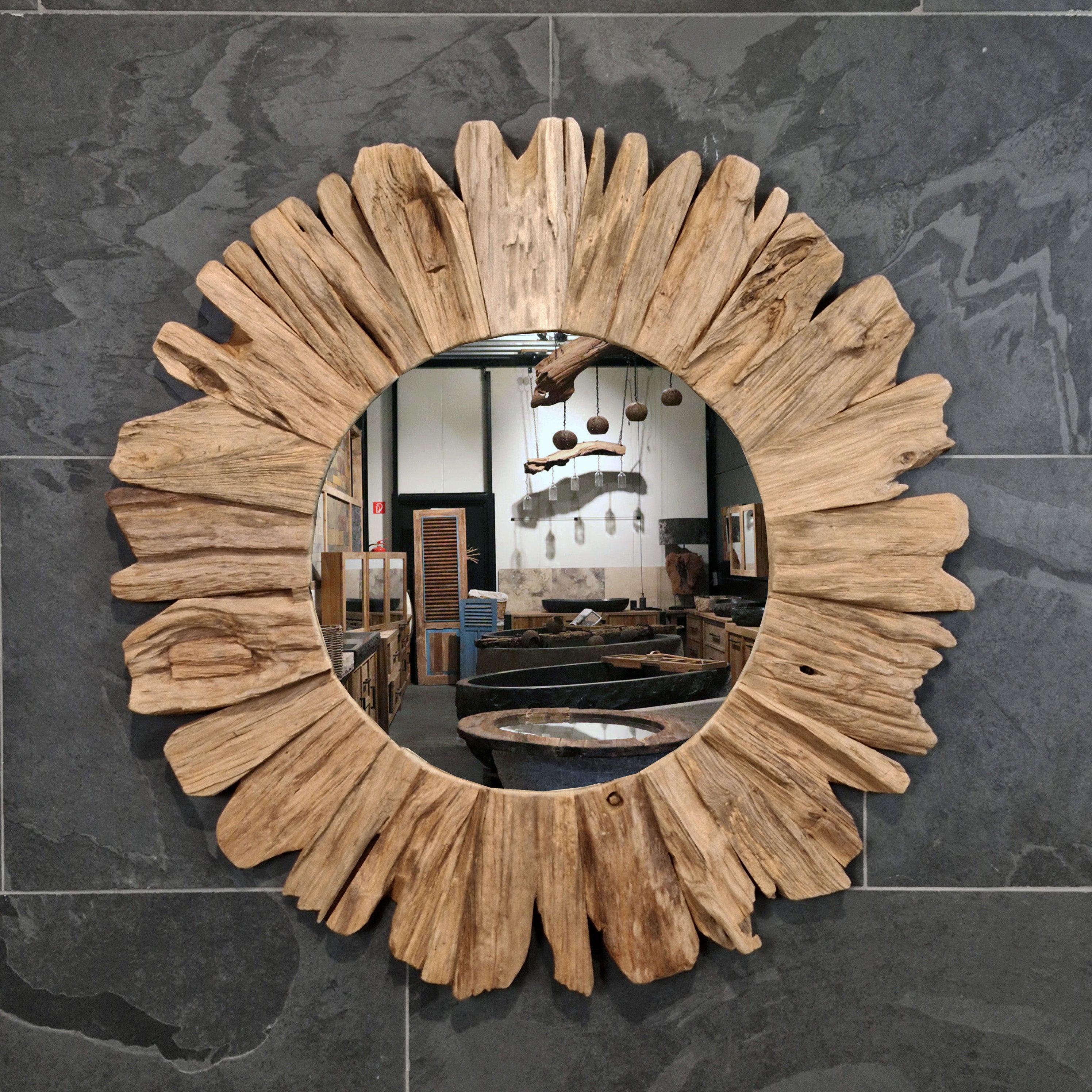 Wandspiegel Badspiegel | S 1-7 | Recyceltes Teakholz | Verschiedene Größen - Sample 6 - Ø 90 x 4 cm - Badgestaltung