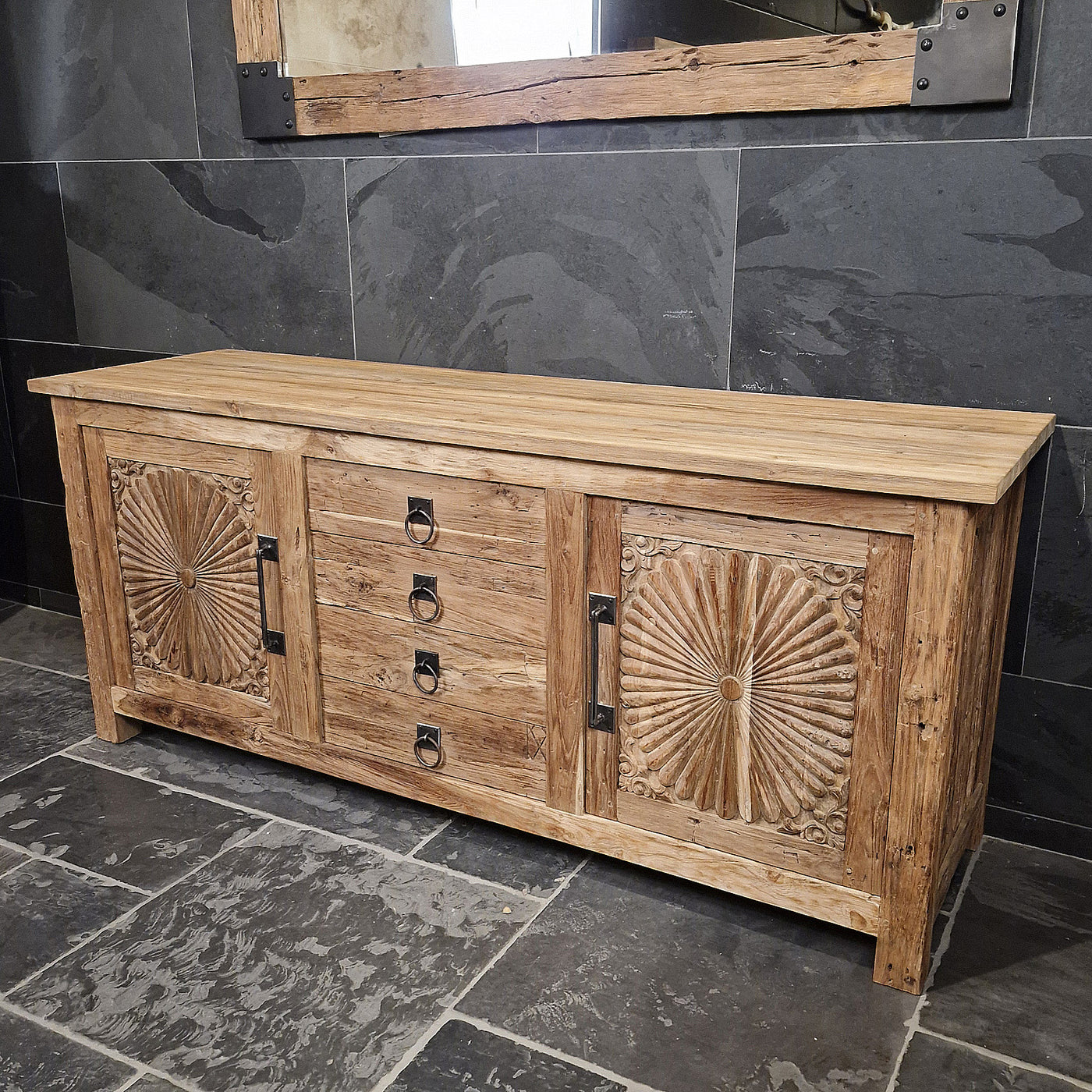 Badunterschrank aus recyceltem Teakholz mit Carving-Blumen-Motiv, 186x55x80cm, von Sample Carving Flower