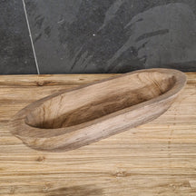 Schale aus Teak-Altholz, länglich, ideal für Badgestaltung, mit natürlichen Holztexturen und warmen Braunfarben