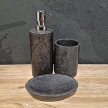 Schwarzer Marmor Seifenspender im 3-teiligen Badgestaltung-Set, gerade Form, stilvoll und elegant für Badezimmer.
