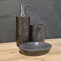 Schwarzer Marmor Seifenspender-Set, 3-teilig, moderne Badgestaltung mit eleganten, geraden Formen, von SEIFENSPENDER.