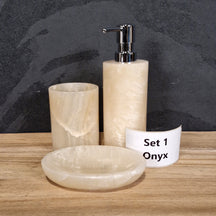 Beiges Onyx 3-teiliges Badgestaltung-Set mit Seifenspender, elegant und modern, aus hochwertigem Material