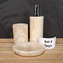 Beiges Onyx 3-teiliges Badgestaltungs-Set mit Seifenspender, gerade Form, elegante Badaccessoires