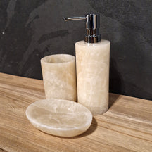 Beiger Onyx 3-teiliges Badgestaltung-Set mit Seifenspender, ideal für stilvolle Badezimmerdekoration