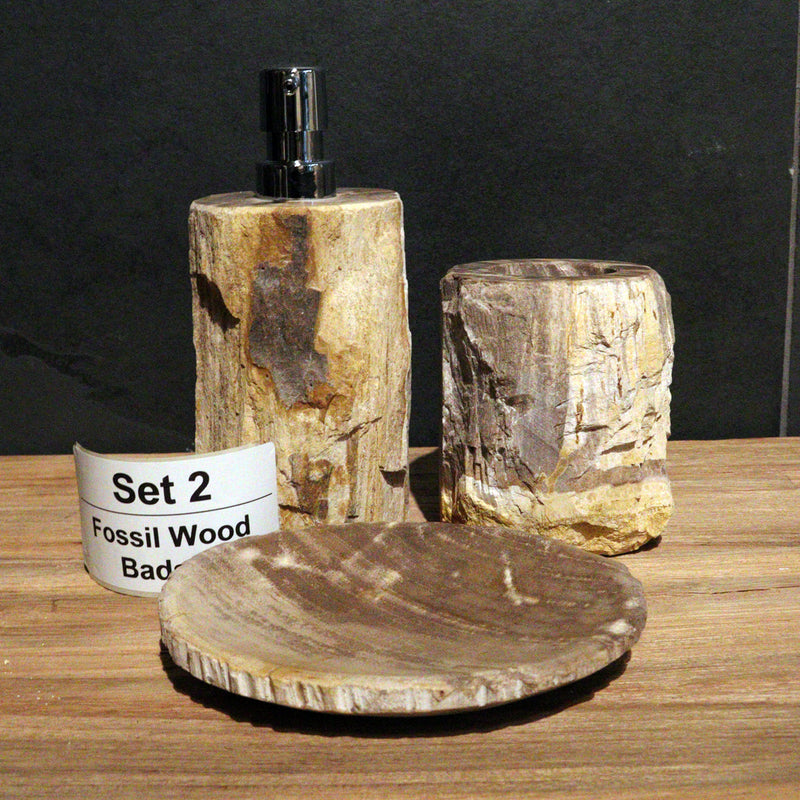 Zeepdispenserset van versteend hout, 3-delig