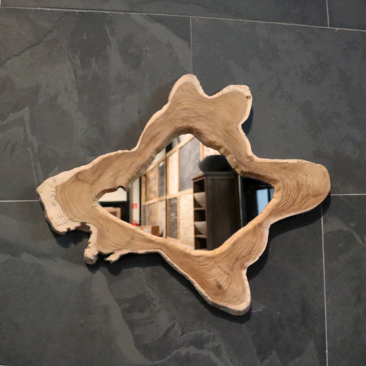 Wandspiegel aus recyceltem Teakholz, Badspiegel Nr. 3, 24, in verschiedenen Größen, Teil der Badgestaltung von Baumstumpf