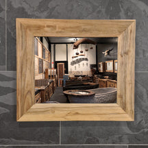 Recycelter Badspiegel aus Teakholz im Unikat-Design, quadratisch, 70x70 cm, für stilvolle Badgestaltung