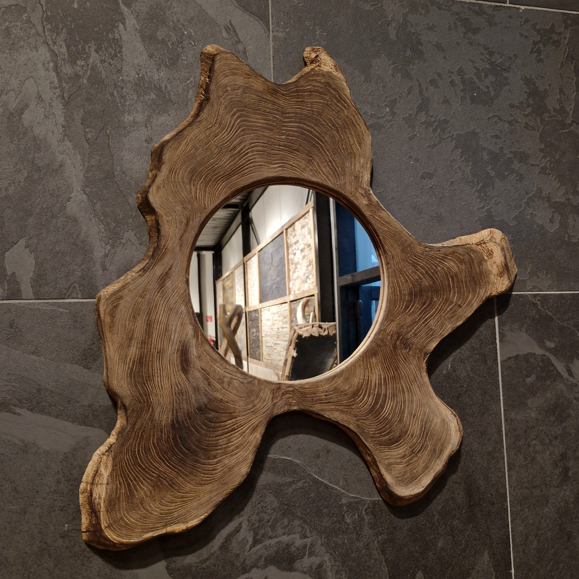 Runder Wandspiegel aus Baumstammscheibe, Badspiegel, Baumstumpf-Design, in verschiedenen Größen, mit natürlicher Holzoptik