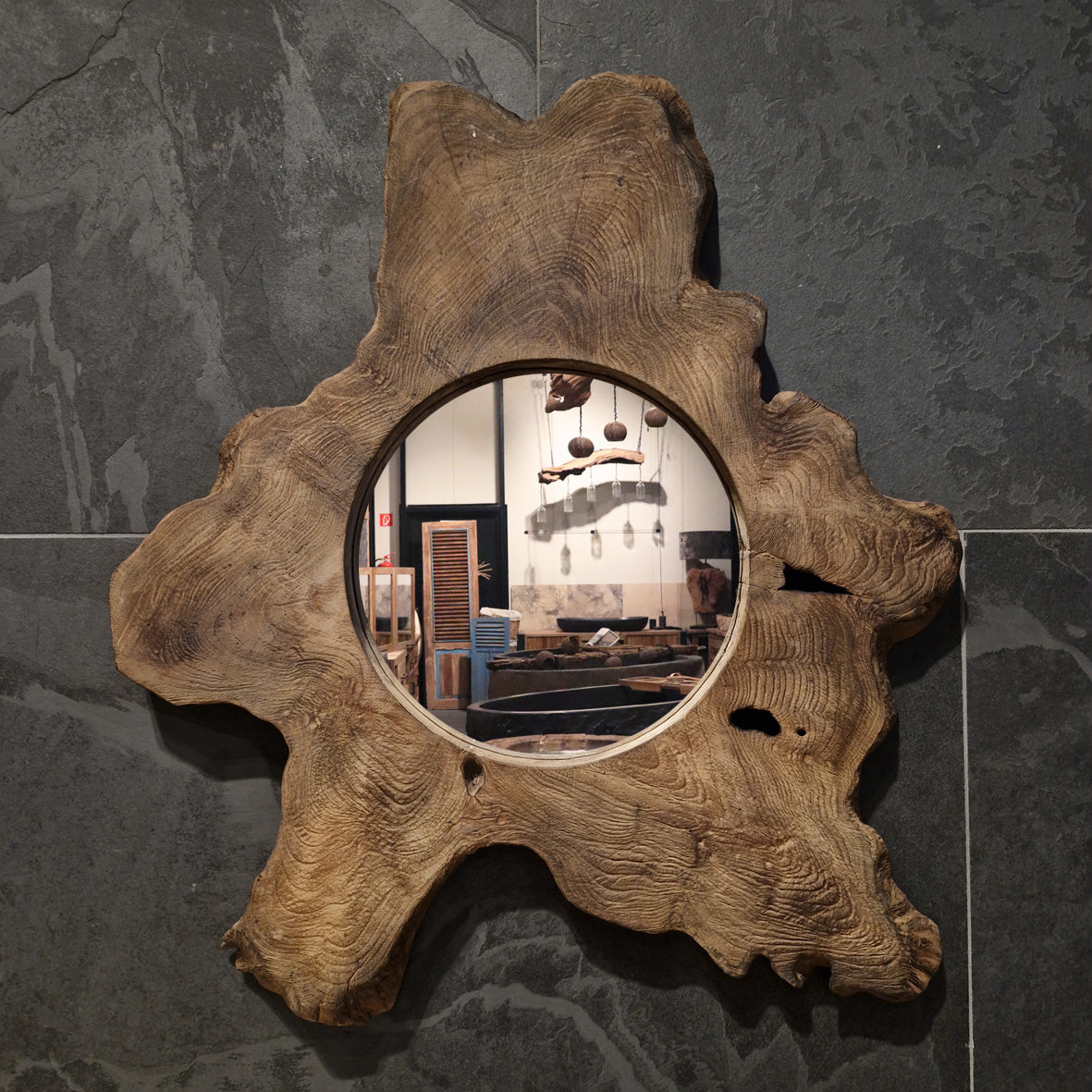 Wandspiegel Badspiegel aus Baumscheibe, F 1-10, in verschiedenen Größen, für moderne Badgestaltung, mit natürlichem Holzlook