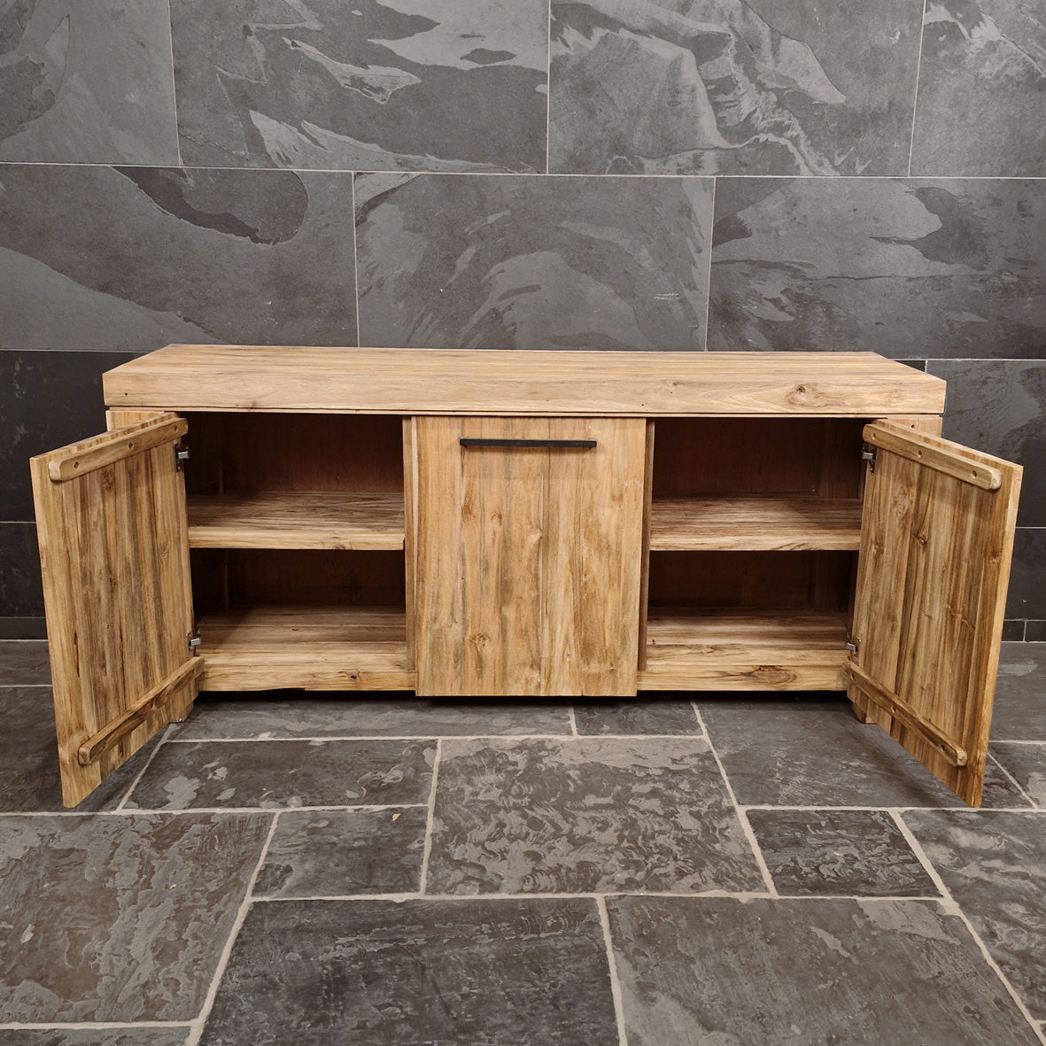 Recycelter Teak-Badunterschrank von Sumatra, robustes und natürliches Badezimmermöbel in Holzoptik, 180x52x80cm