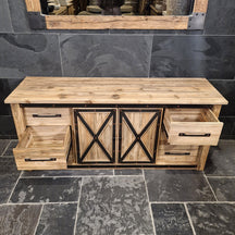 Unterschrank mit Schiebetüren aus recyceltem Teakholz, Badgestaltung, Surakarta, Maße 186x55x80 cm, schlicht und langlebig
