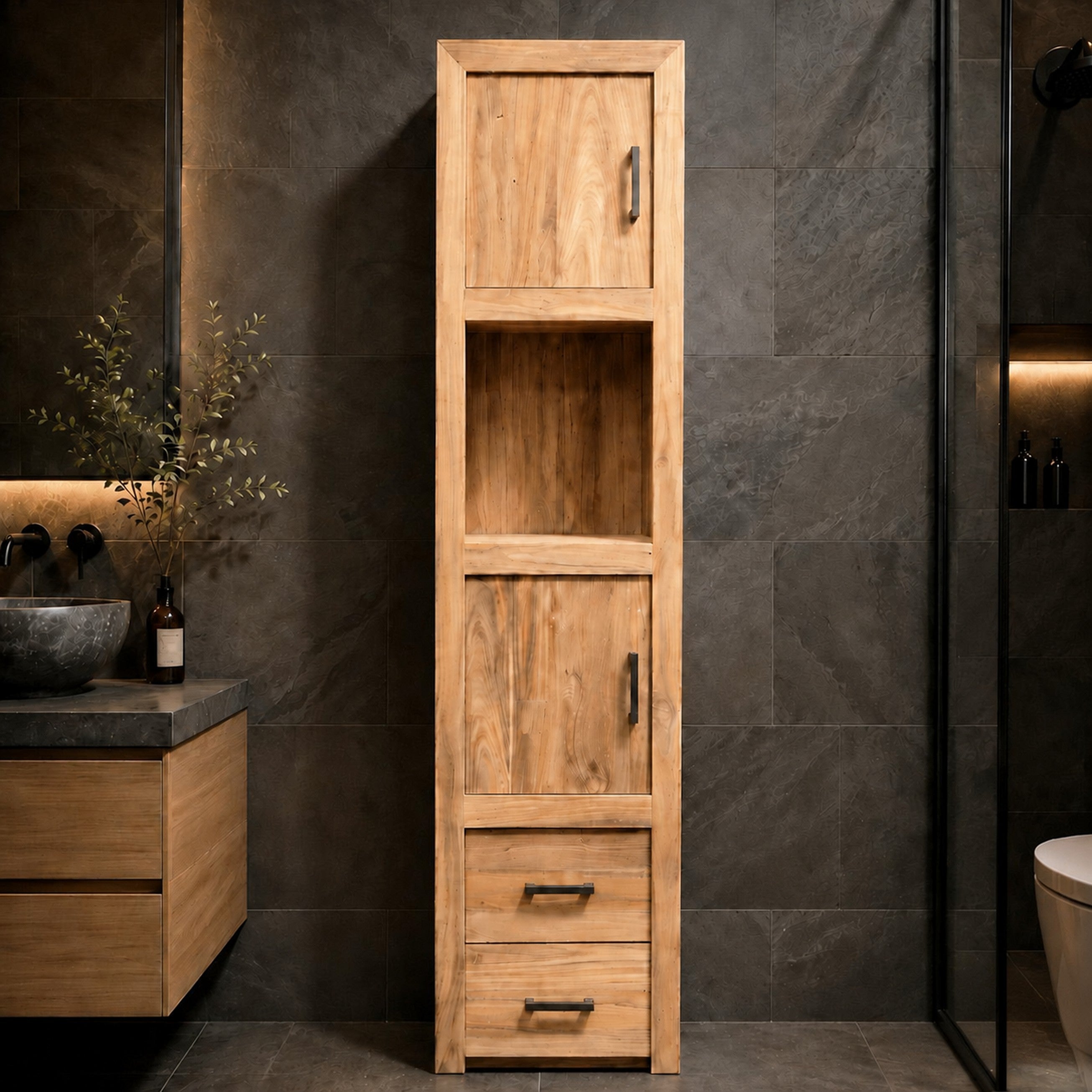 Massivholz Hochschrank für Bad | Rustikale Eleganz aus Altholz | Model 4