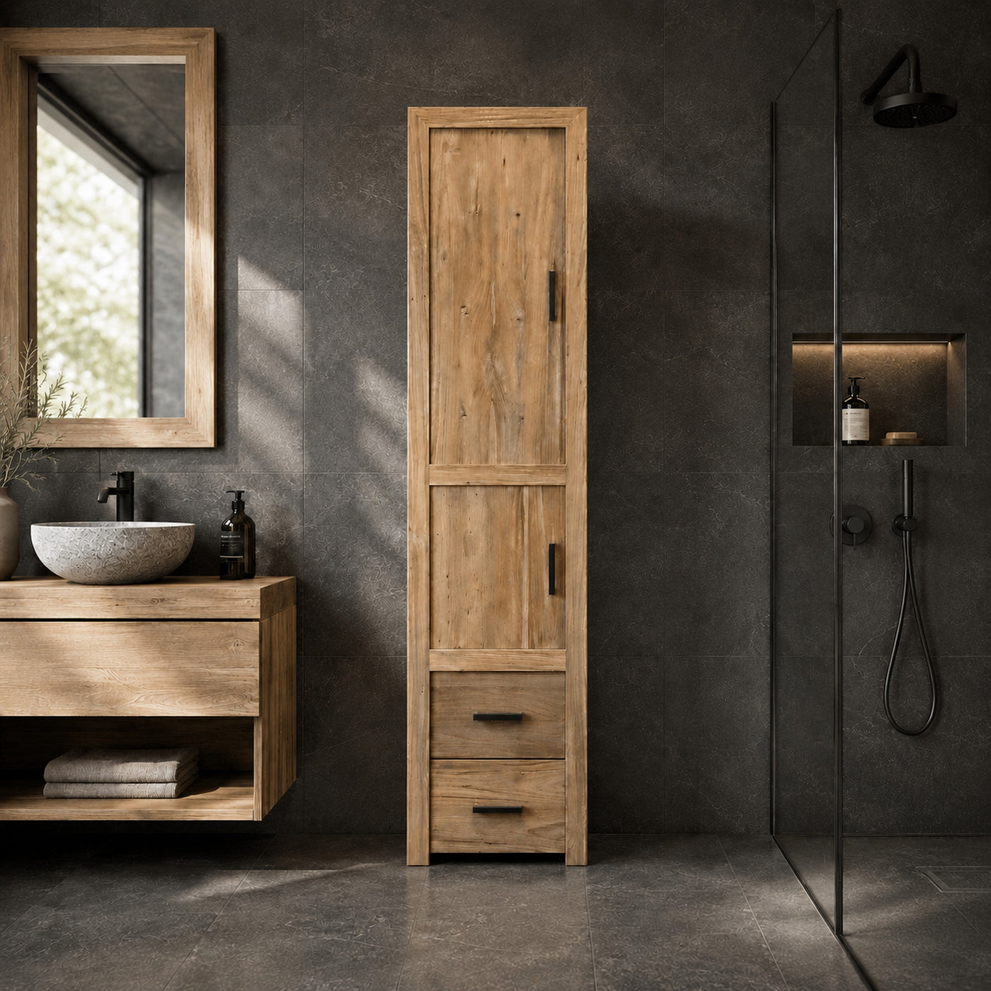 Teakhouten hoge kast voor badkamer | Natuurlijk en robuust | Model 6