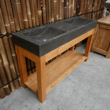 Doppelwaschtisch aus recyceltem Teakholz mit Unterschrank, Naturstein-Waschtisch in Badgestaltung von Denpasar