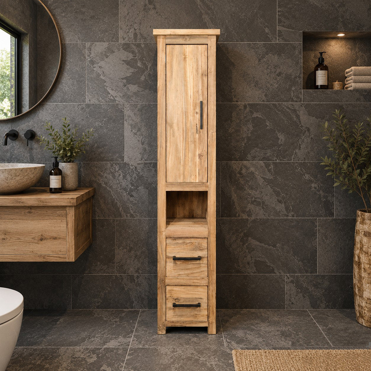 Badezimmer Hochschrank | Teakholz massiv | Nachhaltige Handarbeit | Model 2