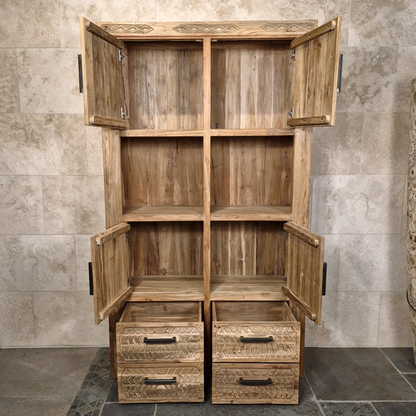 Hochschrank mit Carving Türen | Recyceltes Teakholz | Timor 8