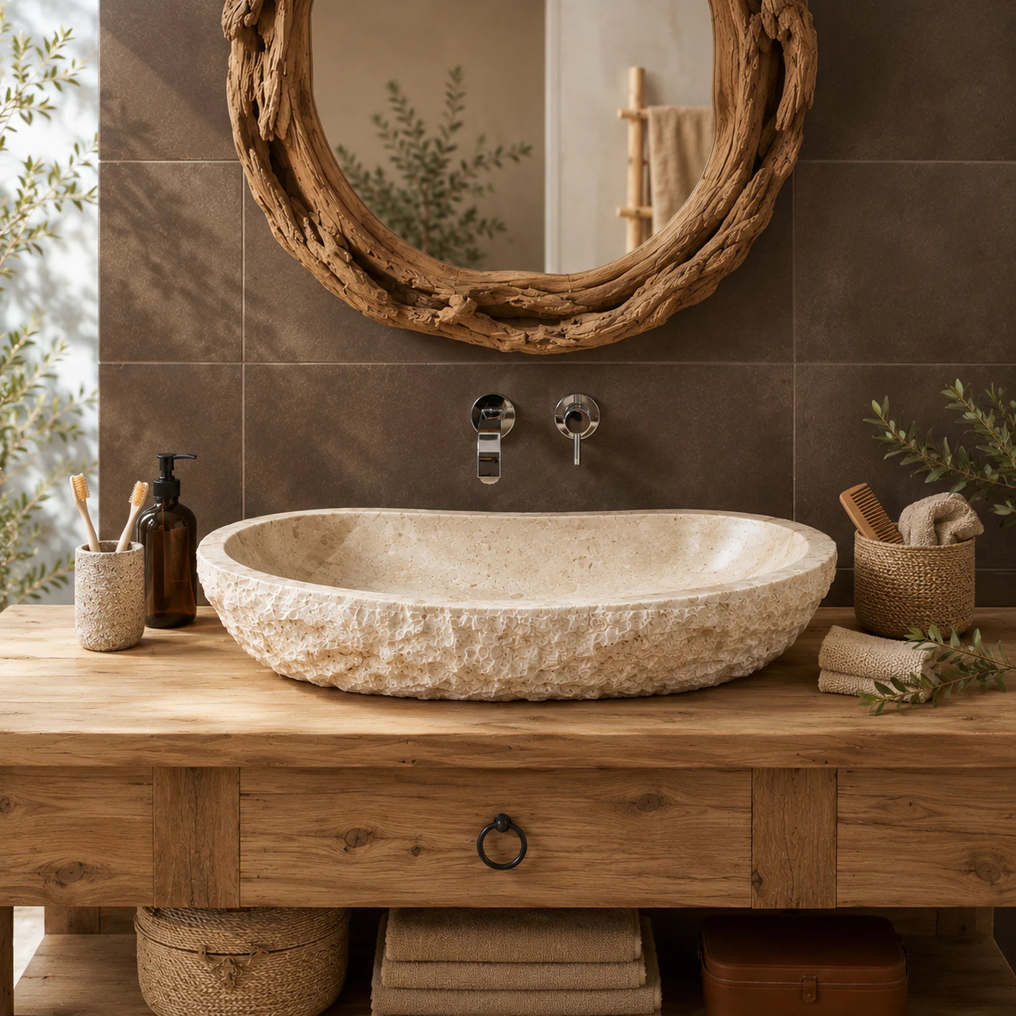 Wasbak | Marmer beige ruw | Natuursteen | 60-80 cm x 45