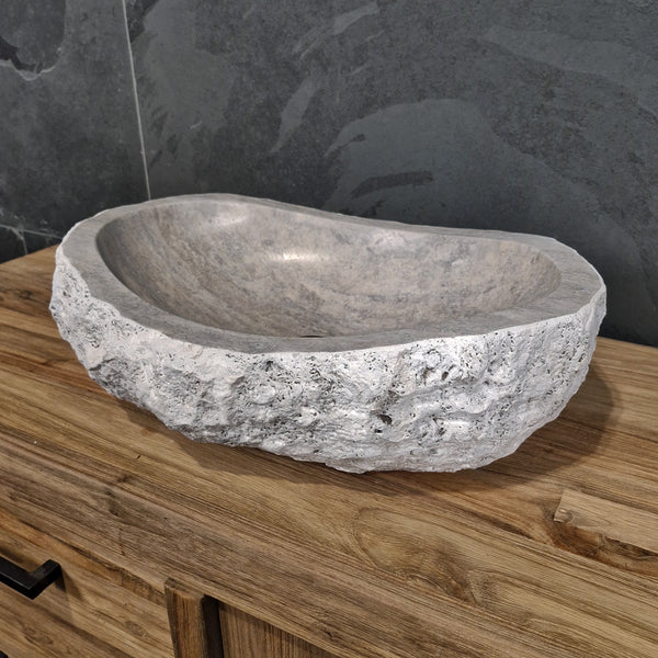 Aufsatzwaschbecken | Silber Travertin grob | Naturstein | 60 x 40 cm