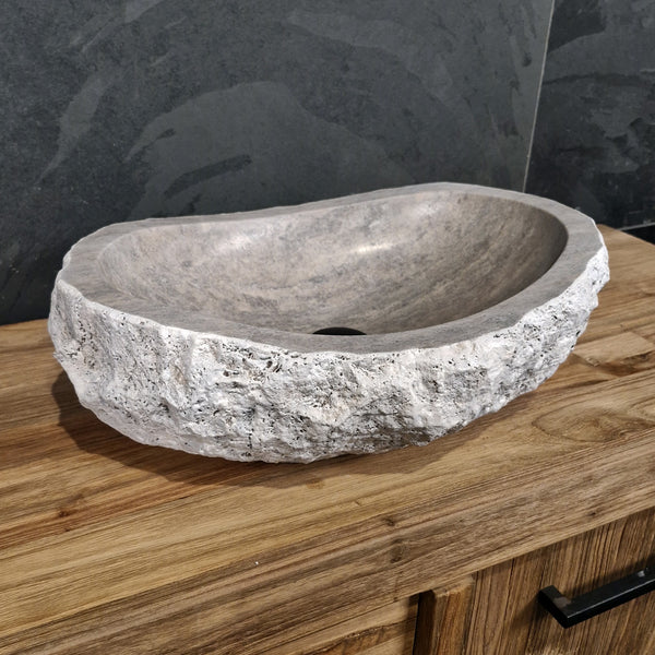 Aufsatzwaschbecken | Silber Travertin grob | Naturstein | 60 x 40 cm
