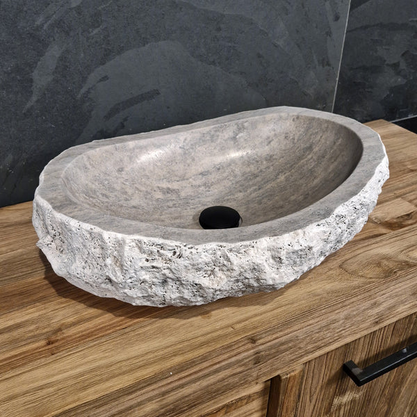 Aufsatzwaschbecken | Silber Travertin grob | Naturstein | 60 x 40 cm