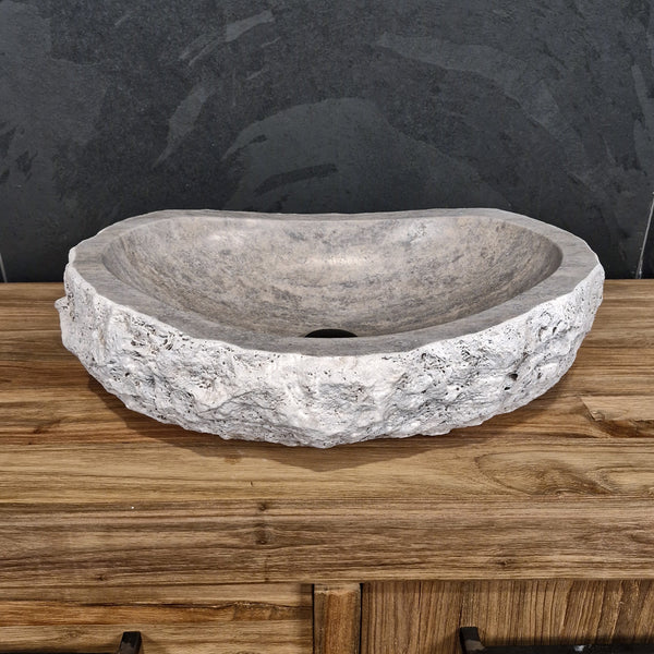 Aufsatzwaschbecken | Silber Travertin grob | Naturstein | 60 x 40 cm