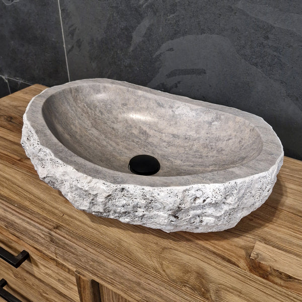 Aufsatzwaschbecken | Silber Travertin grob | Naturstein | 60 x 40 cm