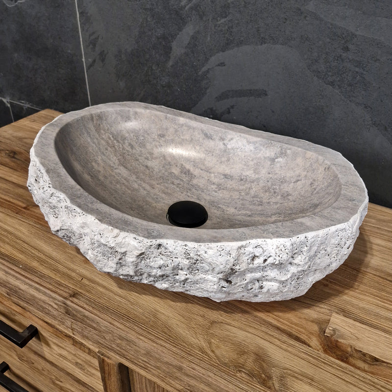 Aufsatzwaschbecken | Silber Travertin grob | Naturstein | 60 x 40 cm