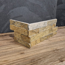 Naturstein Verblender aus Quarzit von YELLOW QUARZIT, gelbe Eckstuck-Verblender für Wandgestaltung, natürliche Oberflächenstruktur