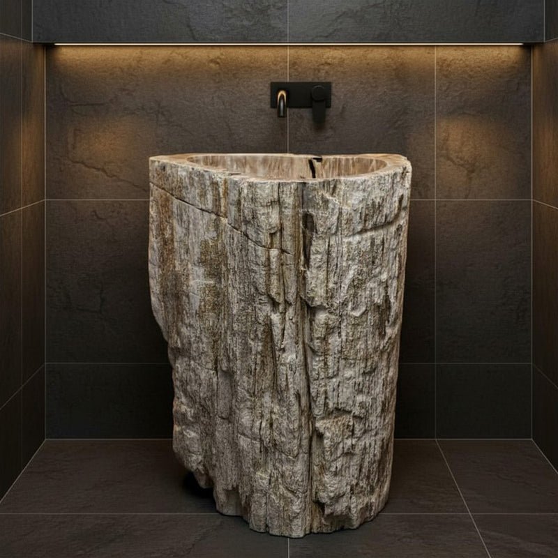 Standwaschbecken aus versteinertem Holz von Zakynthos, Badgestaltung, 69x60x90 cm, natürliche Holzoptik, modernes Design