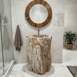 Standwaschbecken aus versteinertem Holz von Zakynthos, 58x50x90 cm, mit Platz für Hahnloch, für stilvolle Badgestaltung.