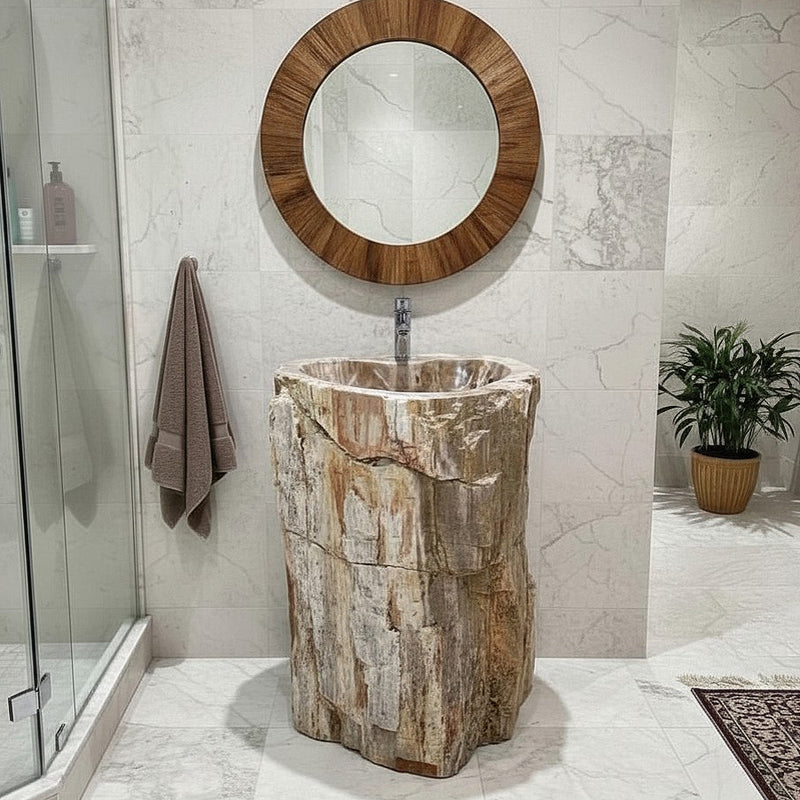 Standwaschbecken aus versteinertem Holz von Zakynthos, 58x50x90 cm, mit Platz für Hahnloch, für stilvolle Badgestaltung.