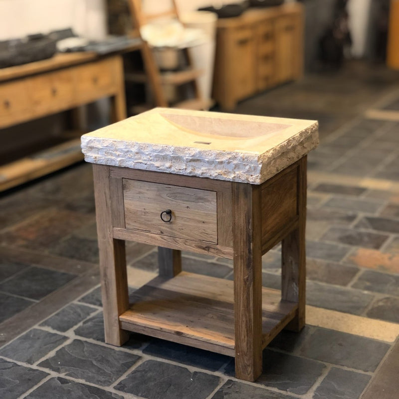 Badezimmerschrank aus recyceltem Teakholz, handgefertigter Unterschrank mit einer Schublade und einem Naturstein-Waschtisch, rustikales Design, Maße 75 x 55 x 87 cm, einzigartiges Naturprodukt