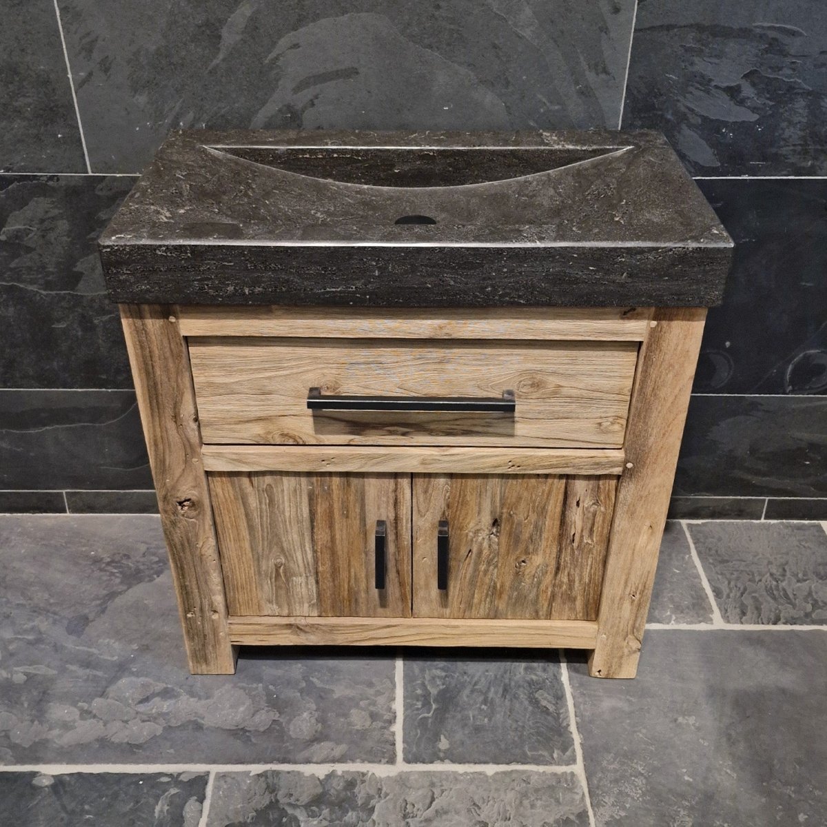 Teakholz Badezimmermöbel mit Waschtisch, RINCA, glatter Badezimmerschrank mit zwei Türen, 86x45x80 cm, modernes Design