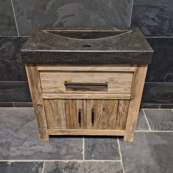 Badezimmerschrank aus recyceltem Teakholz, handgefertigter Unterschrank mit zwei Türen und glattem Blaustein-Waschtisch, rustikales Design, Maße 86 x 45 x 80 cm, einzigartiges Naturprodukt